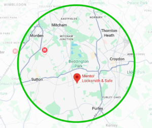 Map showing Mentor Lock locksmith service areas across South London